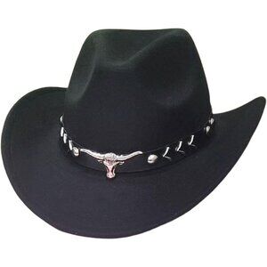 Unisex Black 100% Polyester Bull Skull Band Classic Fedora Cowboy Felt Hat